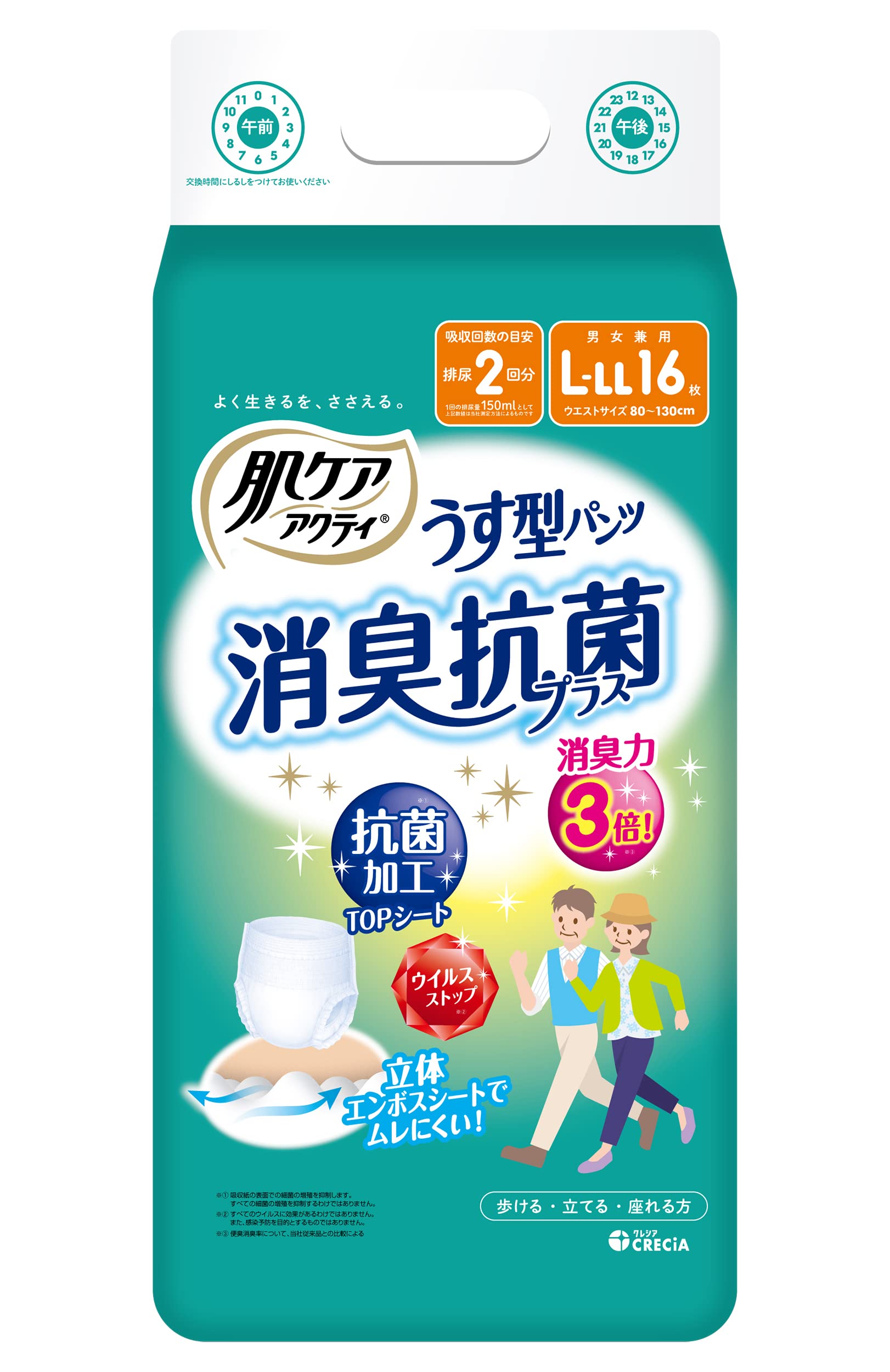 肌ケア アクティ うす型パンツ消臭抗菌プラス L－LL16枚 容量16ﾏｲ日本製紙クレシア 大人用オムツ
