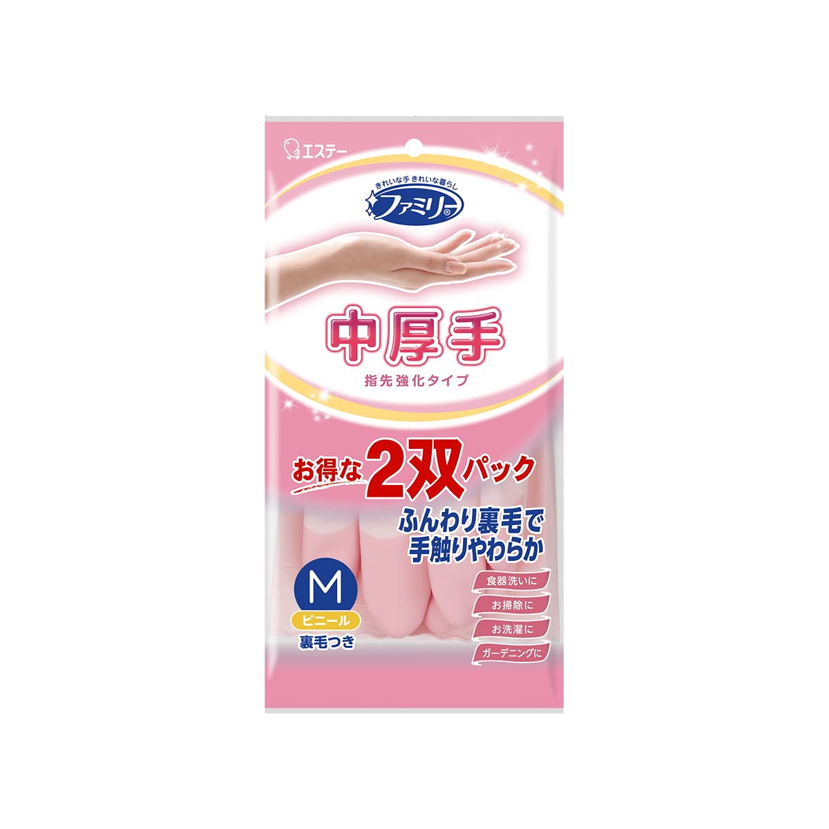 ファミリー　ビニール中厚手　指先強化　Ｍ　２双パック（ピンク１双・グリーン１双） 容量2ｺ炊事手袋