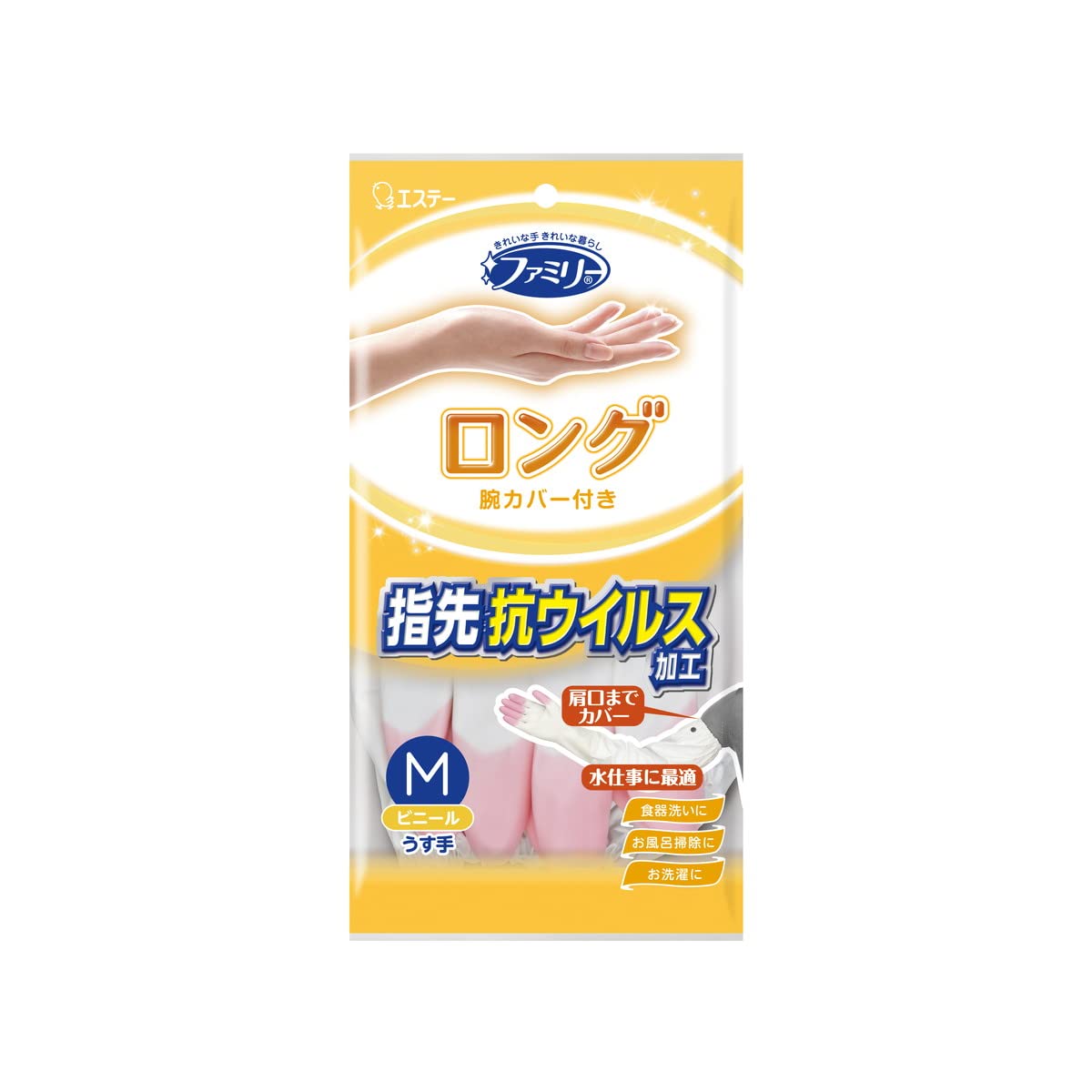 ファミリー　ビニールうす手　ロング　腕カバー付き　指先抗ウイルス加工　Ｍ　ピンク 容量1ｺ炊事手袋