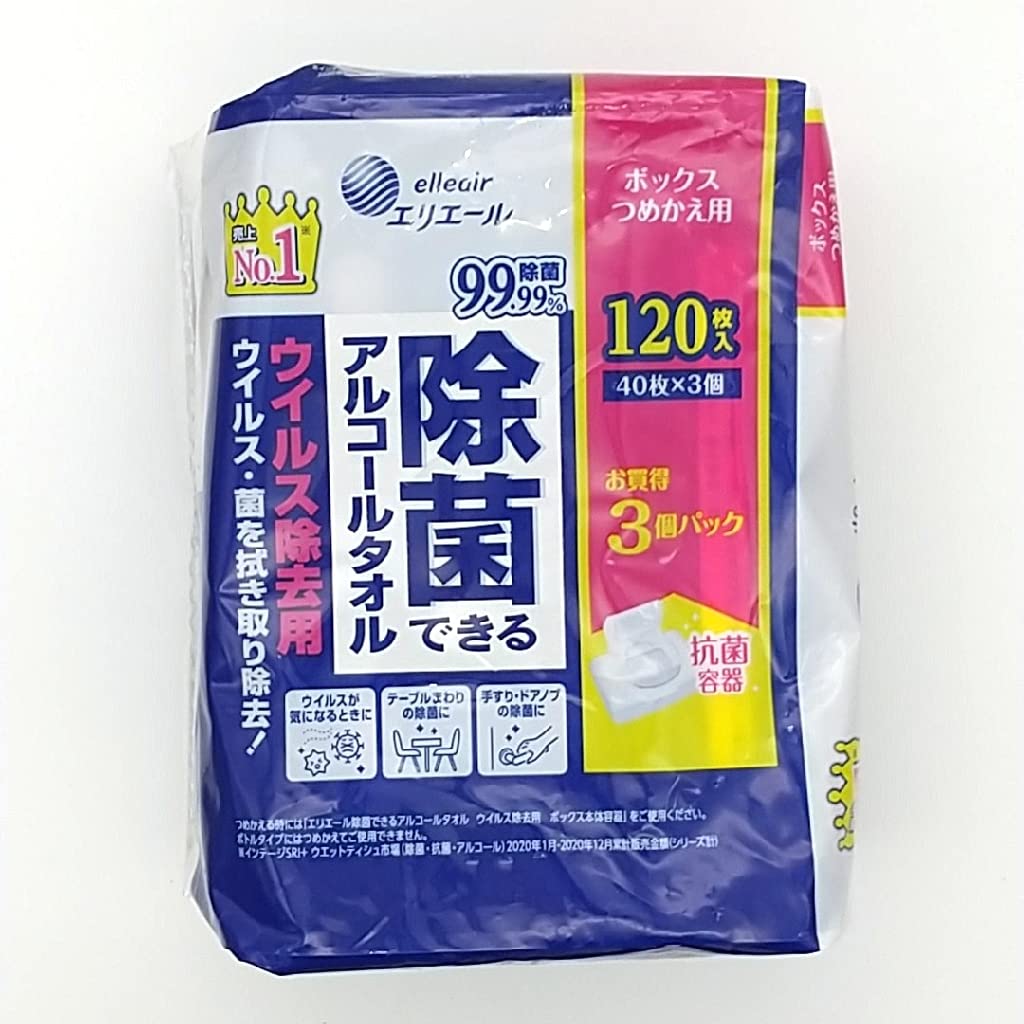 エリエール除菌できるアルコールタオルウイルス除去用ボックスつめかえ用４０枚×３Ｐ容量40ﾏｲ