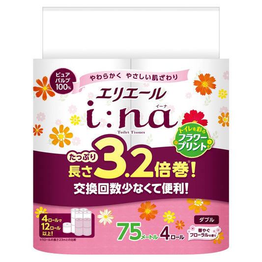 エリエールｉ：ｎａ（イーナ）トイレット３．２倍巻４Ｒ（ダブル）プリント 容量4ｶﾝトイレットペーパー