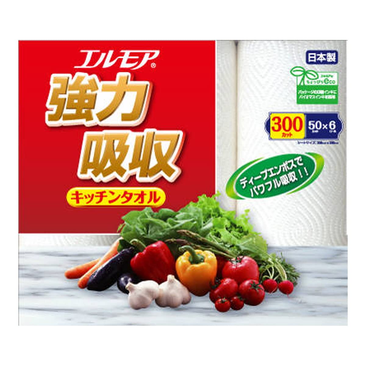 エルモア　強力吸収キッチンタオル　６ロール　２枚重ね×５０カット 容量6ｶﾝカミ商事 キッチンタオル