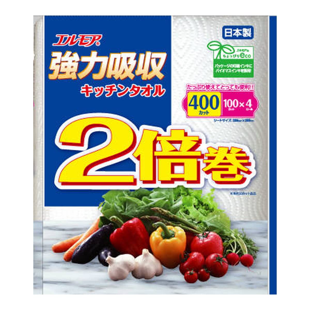 エルモア　強力吸収キッチンタオル　２倍巻　４ロール　２枚重ね×１００カット容量4ｶﾝキッチンタオル
