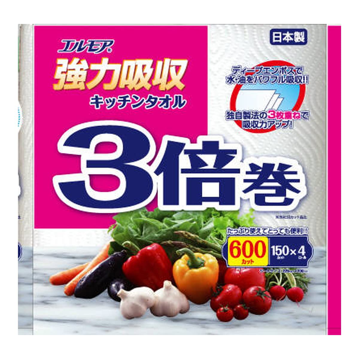 エルモア　強力吸収キッチンタオル　３倍巻　４ロール　３枚重ね×１５０カット容量4ｶﾝキッチンタオル
