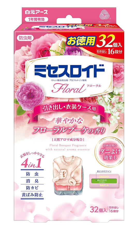 ミセスロイドフローラル　引き出し用　３２個入　１年防虫　フローラルブーケの香り 容量32ｺ白元アース