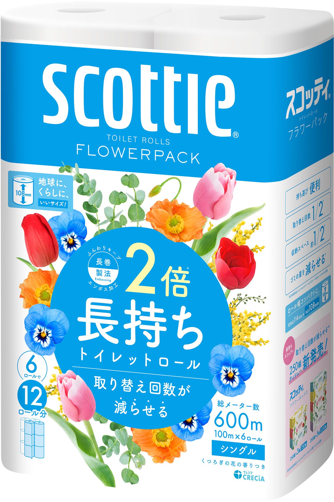 スコッティ　フラワーパック２倍巻き６ロール　シングル 容量100M 日本製紙クレシア トイレットペーパー