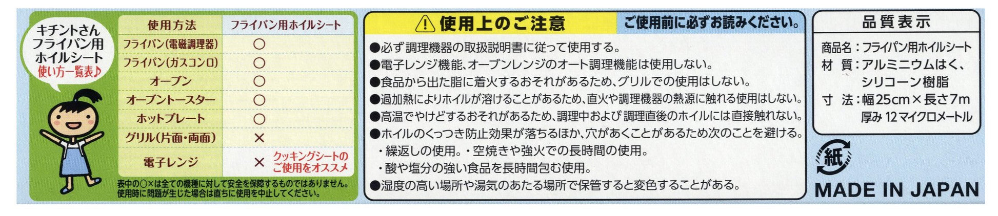 キチントさん　フライパン用ホイルシート　２５Ｘ７ 容量7M クレハ 台所用品