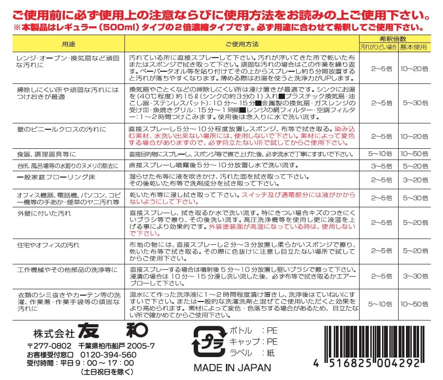 アビリティークリーン２倍濃縮タイプ４ｌ空スプレー付 容量4L 友和 住居洗剤・レンジ