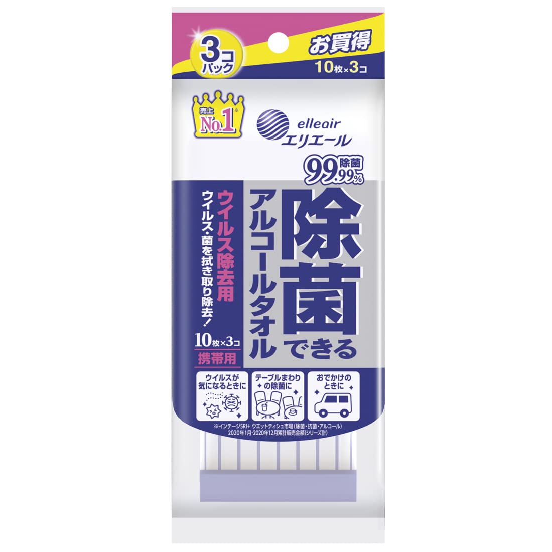 エリエール除菌できるアルコールタオルウイルス除去用携帯用１０枚×３Ｐ容量30枚