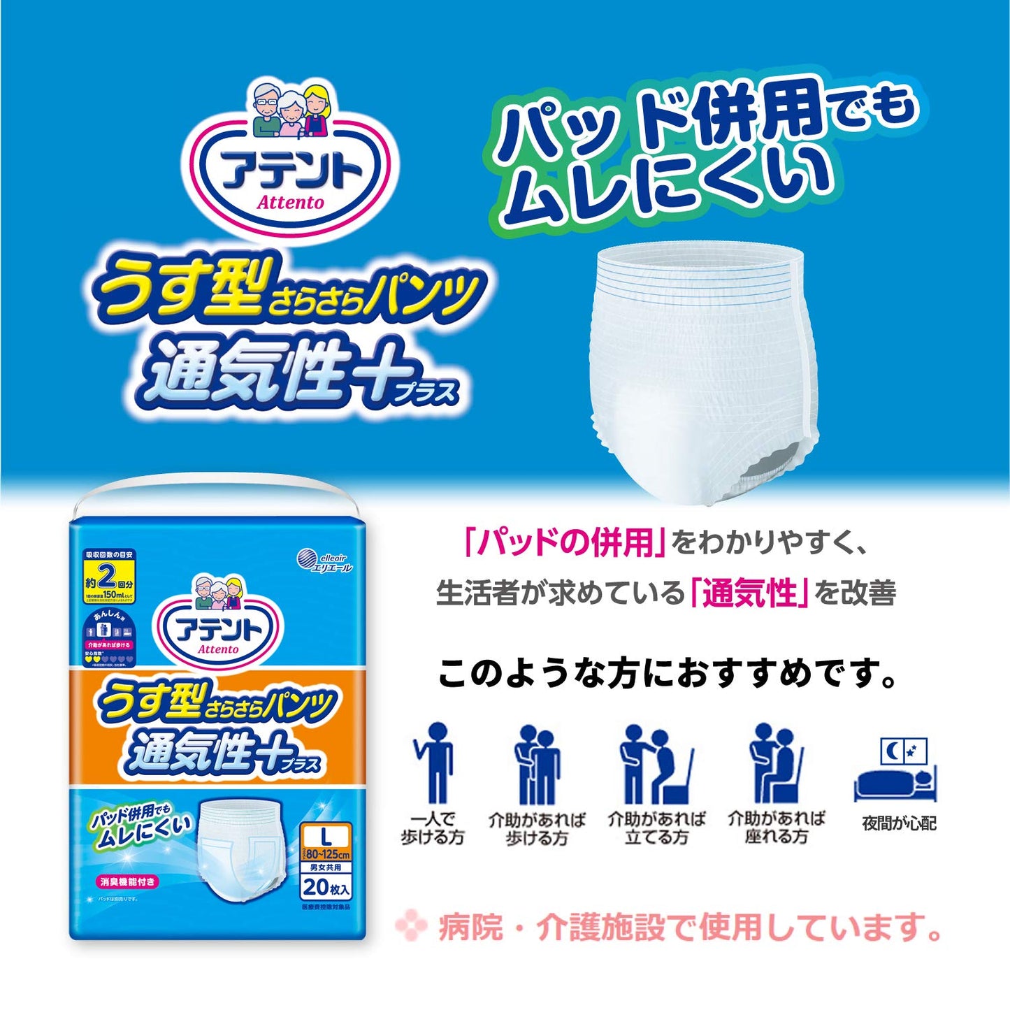 アテントうす型さらさらパンツ通気性プラスL男女共用20枚 容量20枚 大王製紙 大人用オムツ