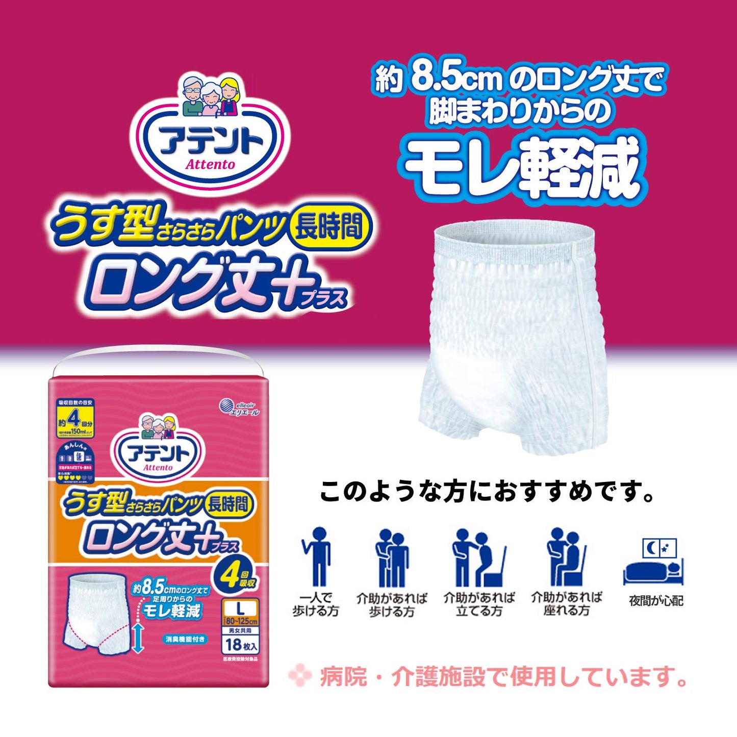アテントうす型さらさらパンツ長時間ロング丈プラス4回吸収L男女共用18枚 容量18枚 大人用オムツ