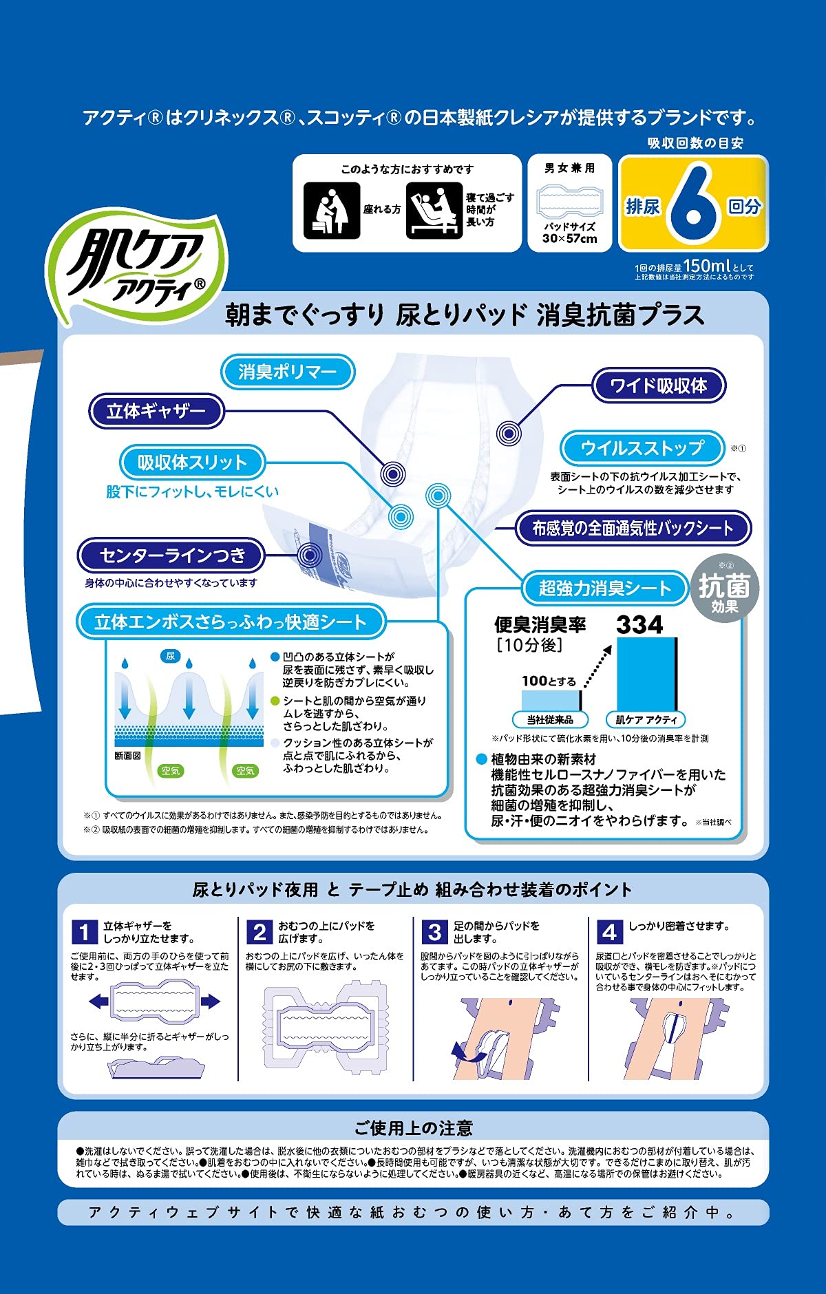 肌ケアアクティ尿とりパッド消臭抗菌プラス6回分 容量1ｺ 日本製紙クレシア 大人用オムツ