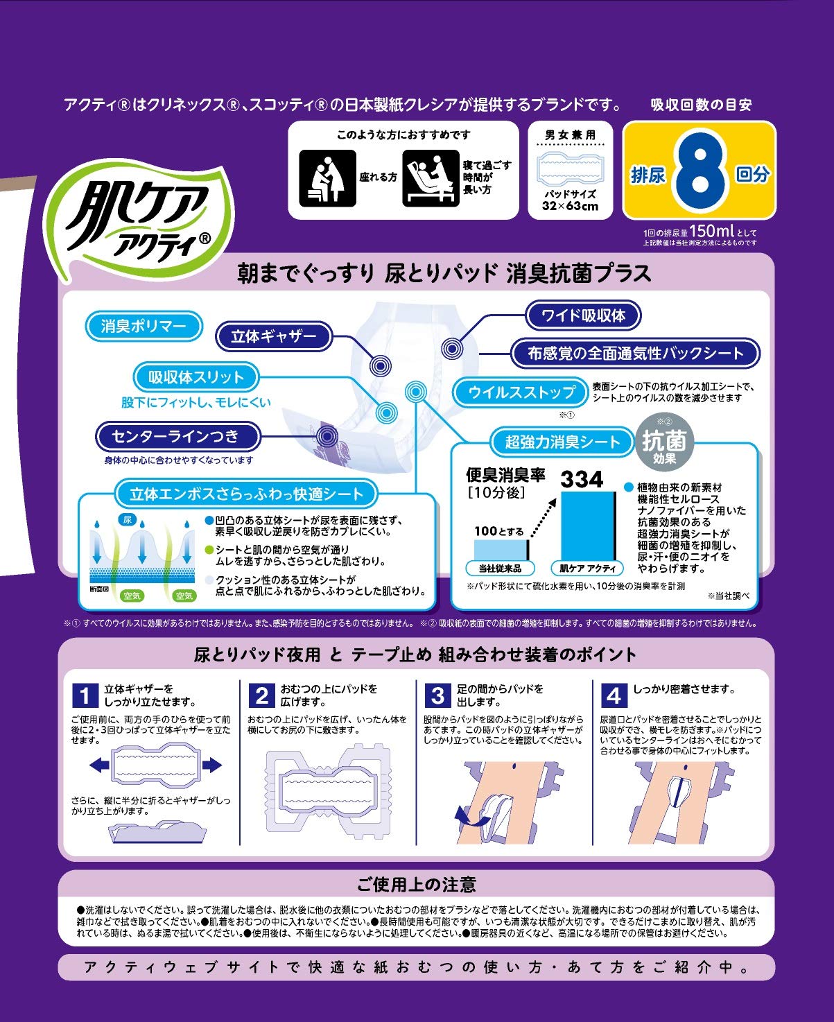 肌ケアアクティ尿とりパッド消臭抗菌プラス8回分 容量1ｺ 日本製紙クレシア 大人用オムツ