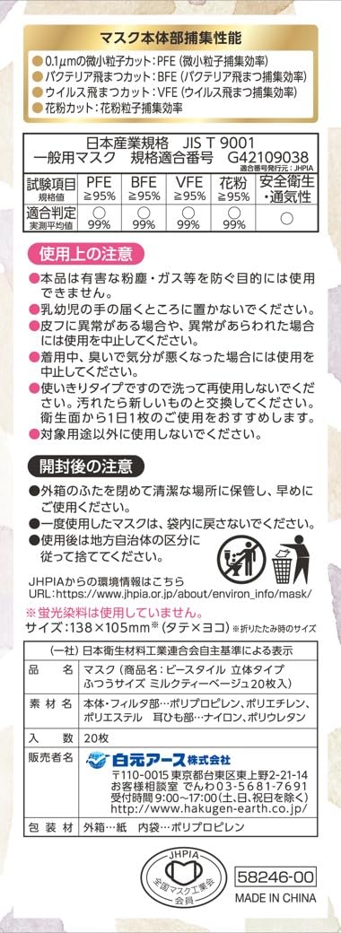 ビースタイル　立体タイプ　ふつうサイズ　ミルクティーベージュ　２０枚入 容量20ﾏｲ 白元アース マスク