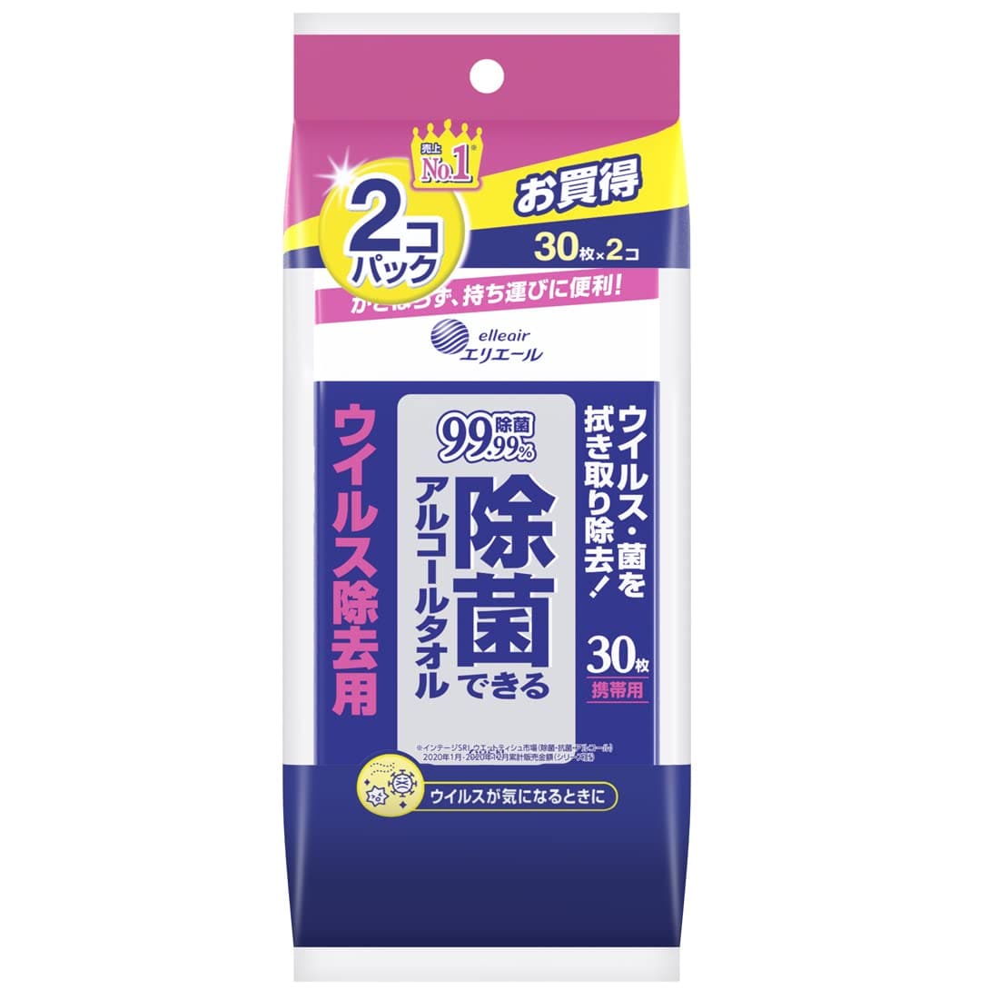 エリエール除菌ウイルス除去用携帯用３０枚×２個 容量60枚 大王製紙 ウェットティッシュ