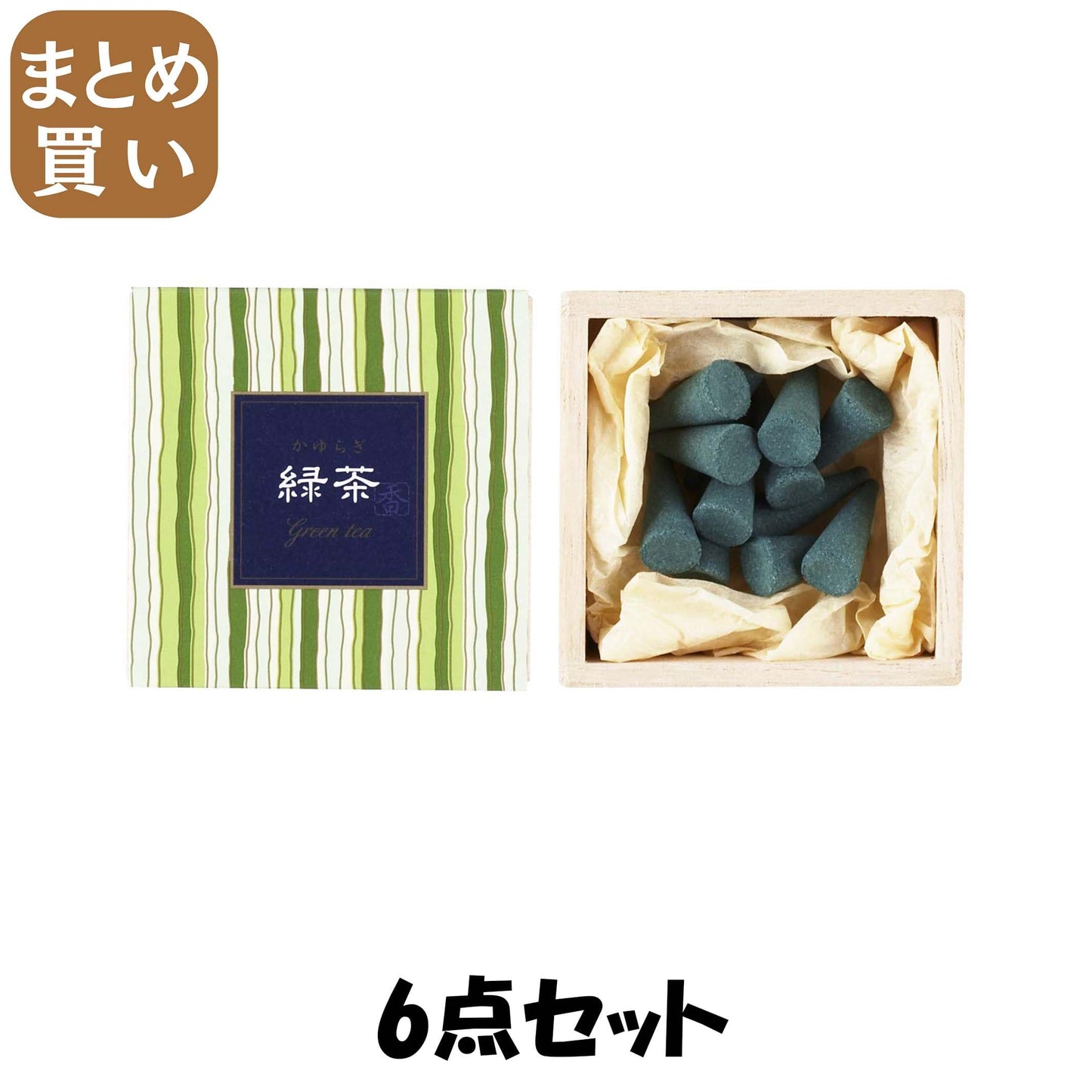 【まとめ買い】かゆらぎ　緑茶　コーン１２個入　香立付 6点セット 日本香堂 お香