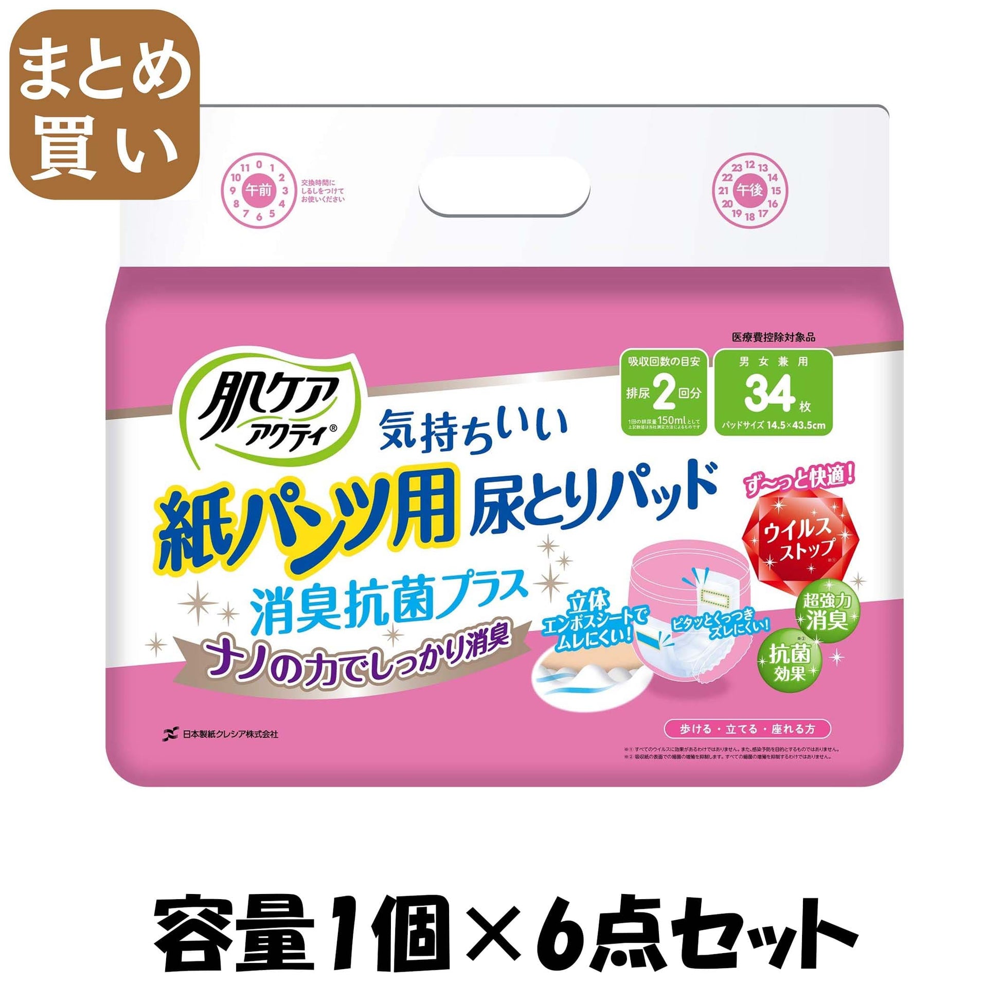 【まとめ買い】肌ケアアクティ紙パンツ用尿とりパッド2回分吸収 容量1ｺ×6点セット 日本製紙クレシア 大人用オムツ