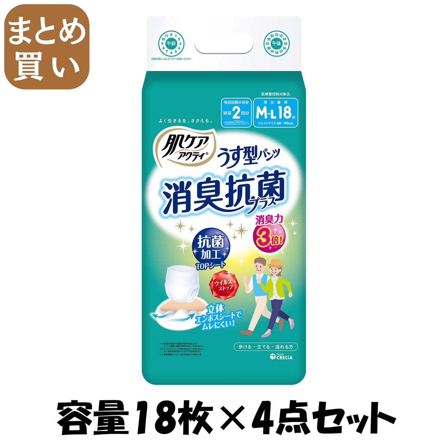 【まとめ買い】肌ケア アクティ うす型パンツ消臭抗菌プラス M－L18枚 容量18ﾏｲ×4点セット日本製紙クレシア 大人用オムツ