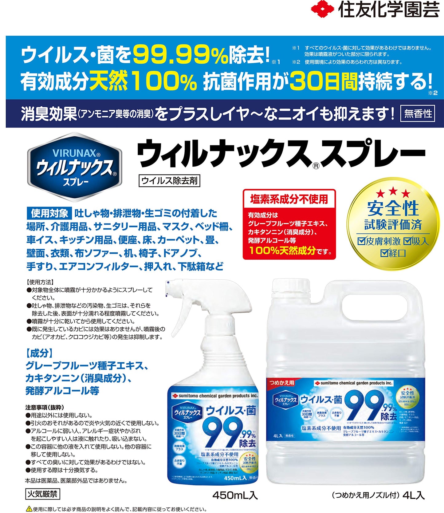【まとめ買い】ウィルナックススプレーつめかえ用４Ｌ 容量4L×4点セット 住友化学 消毒用アルコール