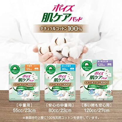 【まとめ買い】ポイズ　肌ケアパッド　ナチュラルコットン１００％　多い時も安心用　１８枚容量18ﾏｲ×12点セット生理用品