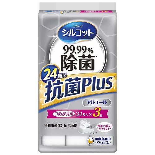 【まとめ買い】シルコット９９．９９％除菌ウェットティッシュ抗菌Ｐｌｕｓ詰替３４枚×３個パック 容量102ﾏｲ×8点セットユニ・チャーム