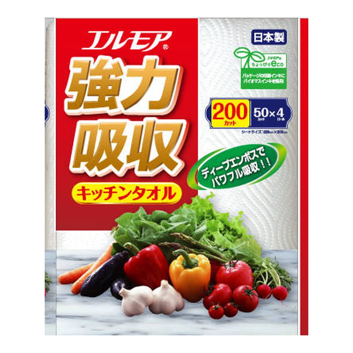 【まとめ買い】エルモア　強力吸収キッチンタオル　４ロール　２枚重ね×５０カット 容量4ｶﾝ×16点セットカミ商事 キッチンタオル