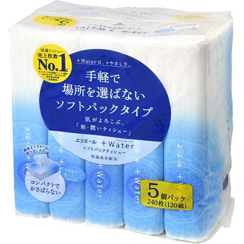 【まとめ買い】エリエール+Water　プラスウォーター　ソフトパック　120組×5個パック 容量5個×18点セットティッシュ