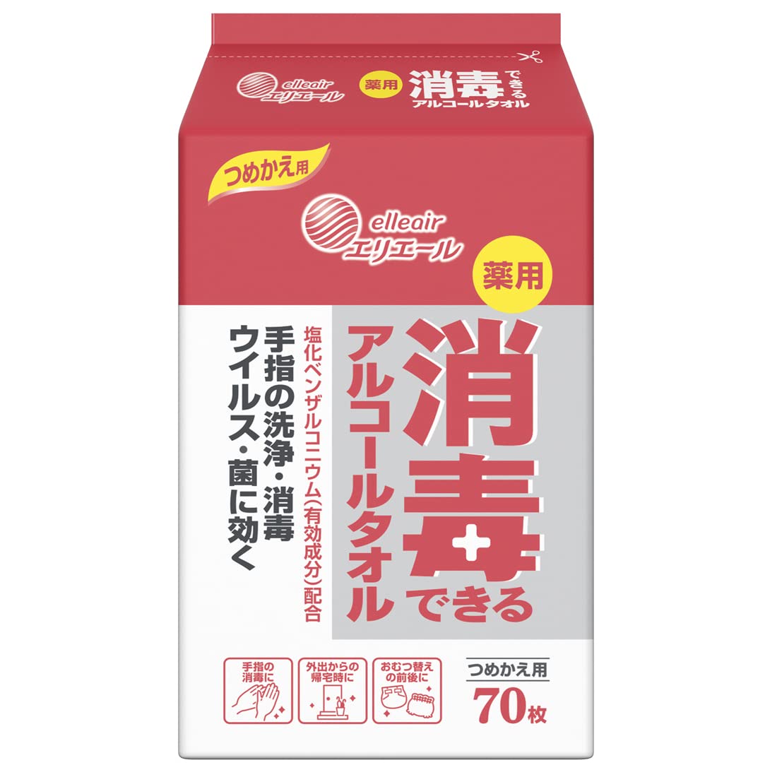 【まとめ買い】エリエール 消毒できるアルコールタオル 詰替え 70枚入 容量70枚×24点セット大王製紙 ウェットティッシュ
