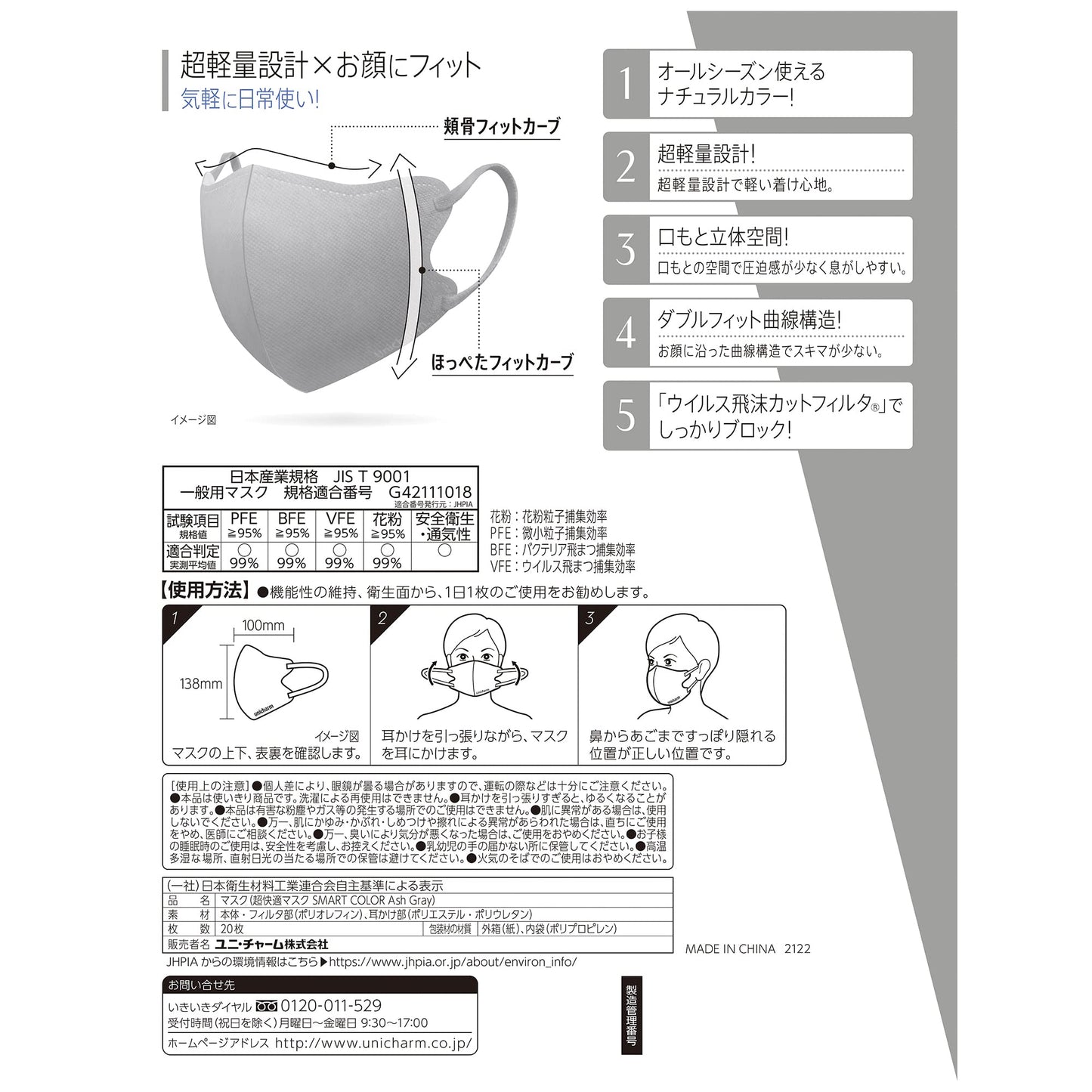 【まとめ買い】超快適ＳＭＡＲＴ　ＣＯＬＯＲ　Ａｓｈ　Ｇｒａｙふつう２０枚 容量20マイ×24点セットユニ・チャーム マスク