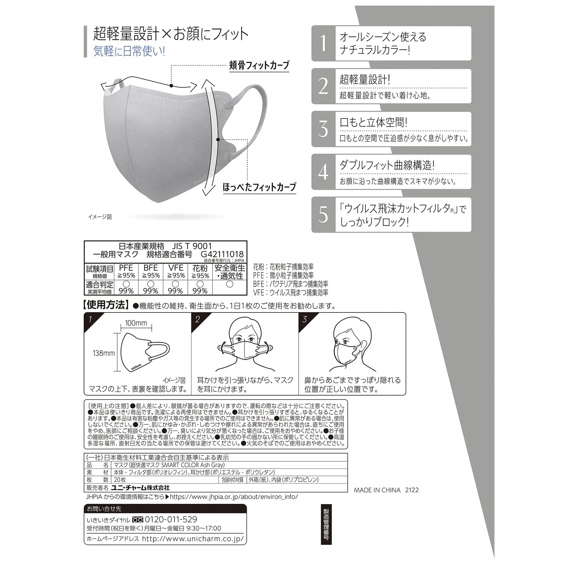 【まとめ買い】超快適ＳＭＡＲＴ　ＣＯＬＯＲ　Ａｓｈ　Ｇｒａｙふつう２０枚 容量20マイ×24点セットユニ・チャーム マスク