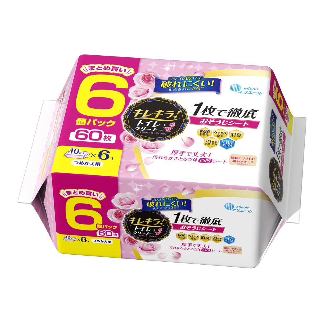 【まとめ買い】キレキラ！トイレクリーナー　１枚で徹底おそうじシート　ハッピーローズつめかえ用６０枚（１０枚×６Ｐ）