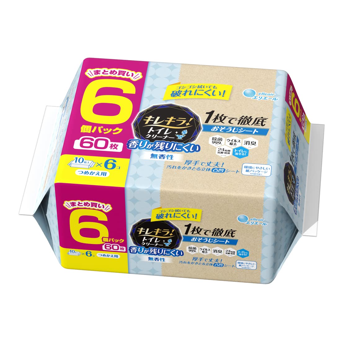 【まとめ買い】キレキラ！トイレクリーナー　１枚で徹底おそうじシート　香りが残りにくい無香性　詰替用６０枚