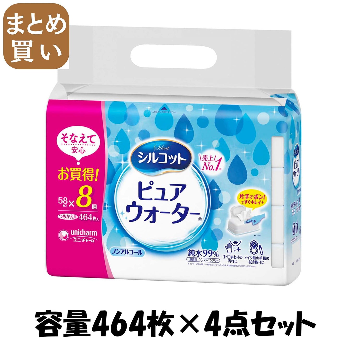 【まとめ買い】シルコットピュアウォーターウェットティッシュ詰替５８枚×８個パック 容量464マイ×4点セットユニ・チャーム