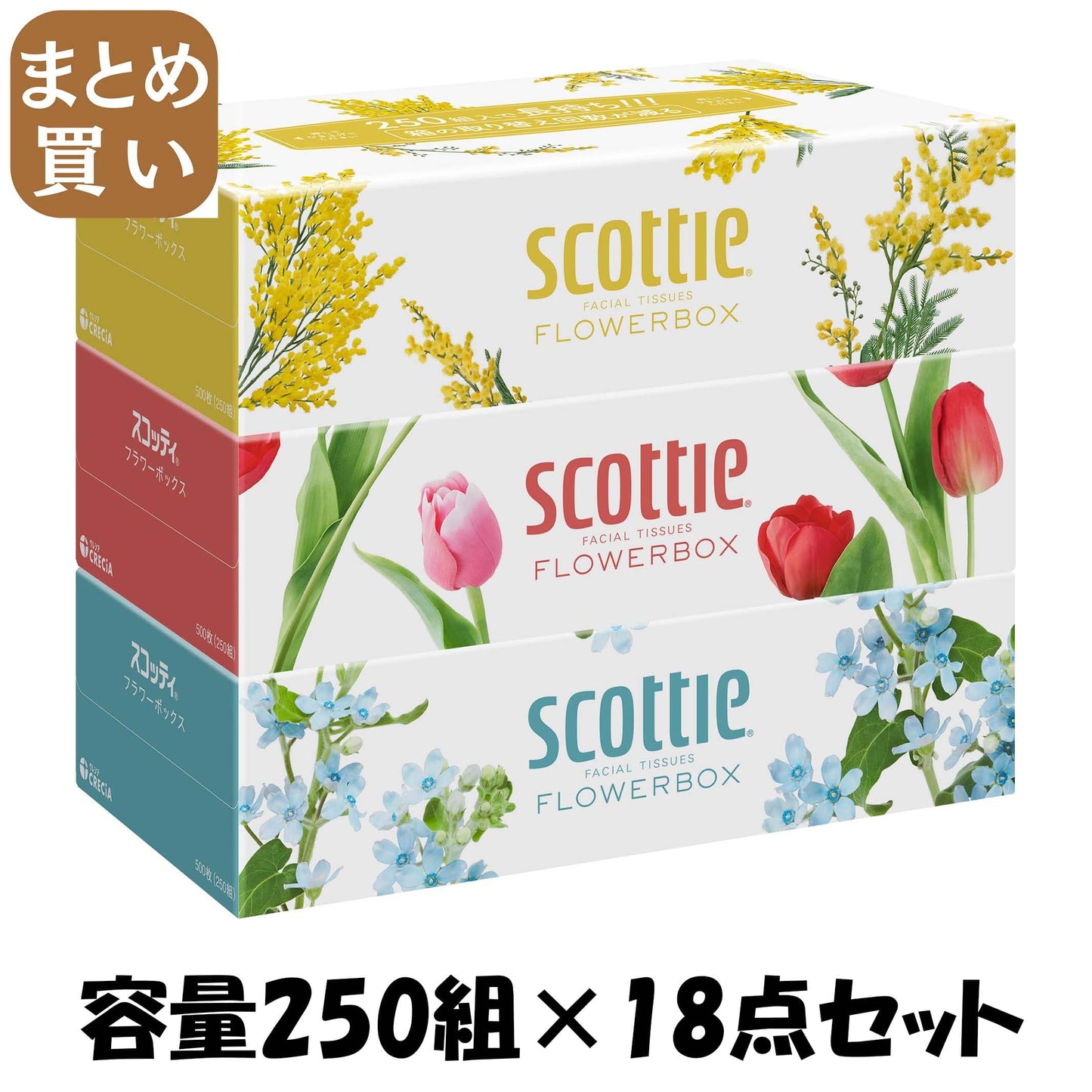 【まとめ買い】ＳＣＴ　ティシュー　フラワーボックス　２５０組　３箱パック 容量250ｸﾐ×18点セット日本製紙クレシア ティッシュ