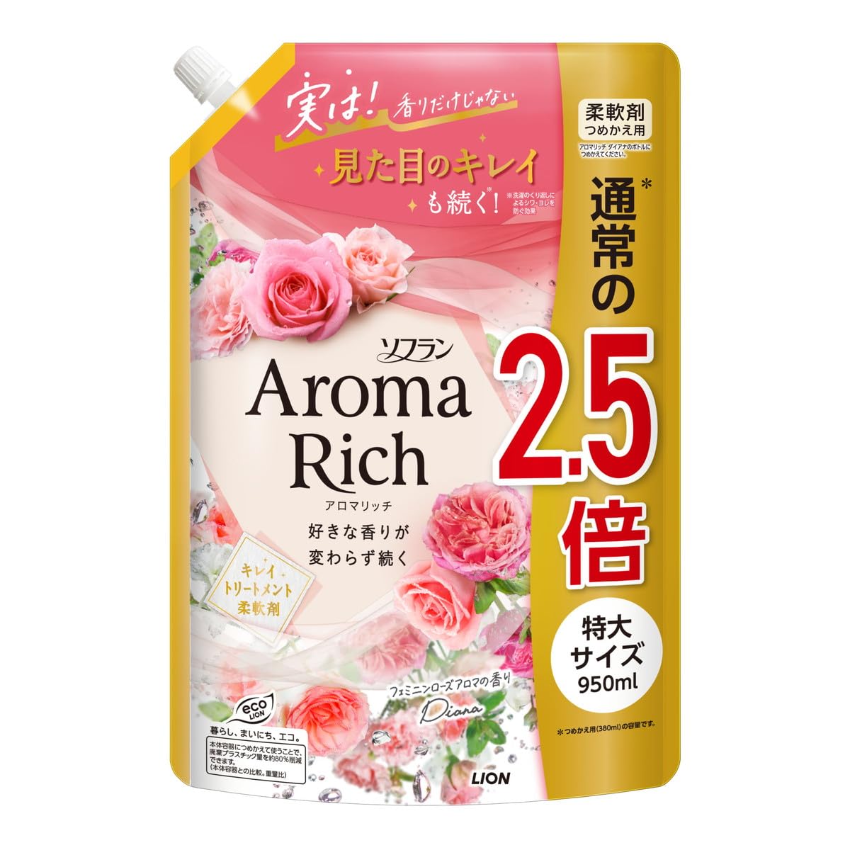 【まとめ買い】ソフラン　アロマリッチ　ダイアナ　つめかえ用特大　９５０ｍｌ 容量950ML×6点セット ライオン 衣料用洗剤