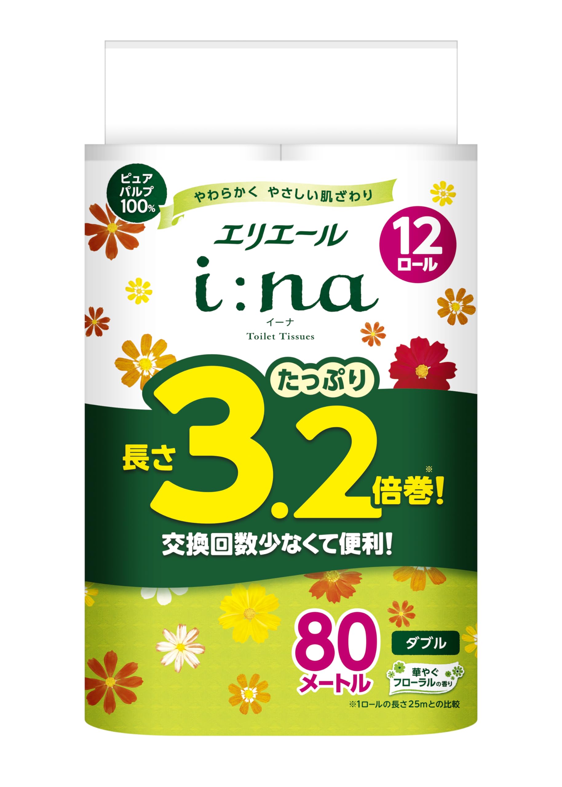 【まとめ買い】エリエールｉ：ｎａトイレットティシュー３．２倍巻１２Ｒ（ダブル） 容量12ﾏｷ×4点セット大王製紙
