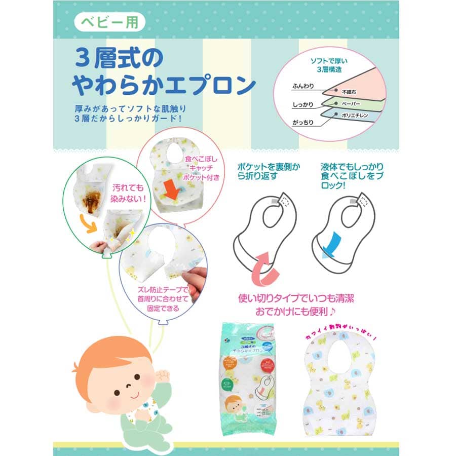 ベビー用 ３層式のやわらかエプロン アニマル 使い切りタイプ 20枚入