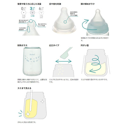 リッチェル はなえみ ガラス哺乳びん 3カ月頃から Mサイズ 240mL