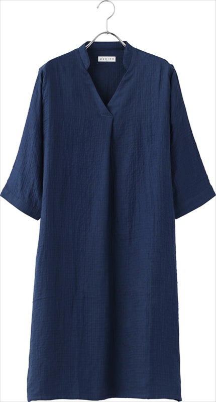 UCHINO マシュマロガーゼ 七分袖タックワンピース Mサイズ ダークブルー RC15820DB/M 【単品】