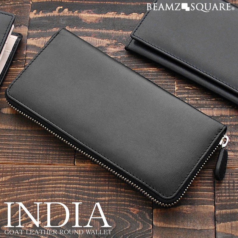 BEAMZSQUARE　INDIAゴートレザーラウンドファスナー長財布　BS-80318BK