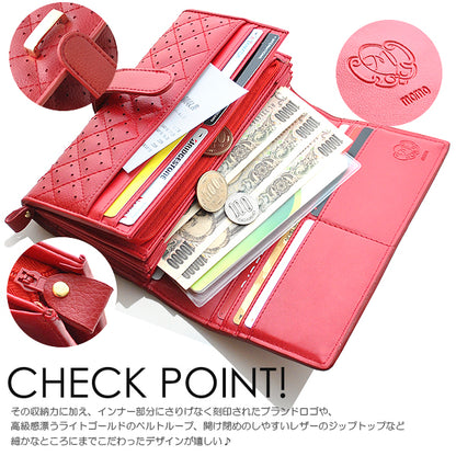 【MOMO】キルティングパンチングレザー牛革アコーディオンウォレット レッド×1個