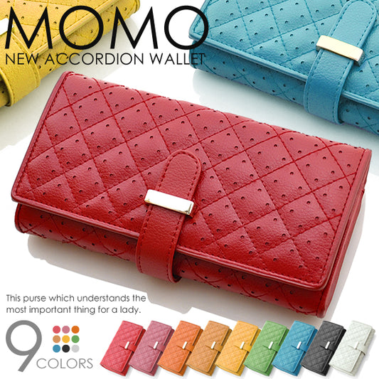 【MOMO】キルティングパンチングレザー牛革アコーディオンウォレット ピンク×1個