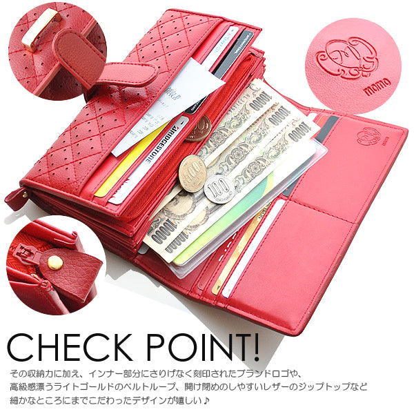 【MOMO】キルティングパンチングレザー牛革アコーディオンウォレット　オレンジ×1個
