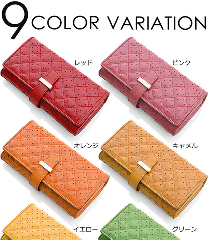 【MOMO】キルティングパンチングレザー牛革アコーディオンウォレット　ブルー×1個