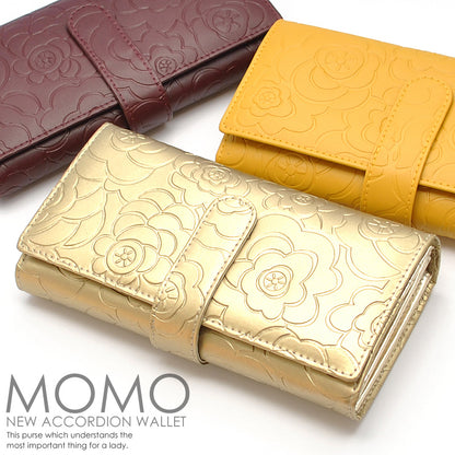 【MOMO】花柄型押しプレーンレザーアコーディオンウォレットAN-3006■レディース牛革長財布■ワイン×1個