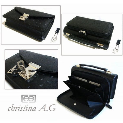 【christina.A.G】オーストリッチ型押し牛革セカンドバッグ（鍵付き）AN-170
