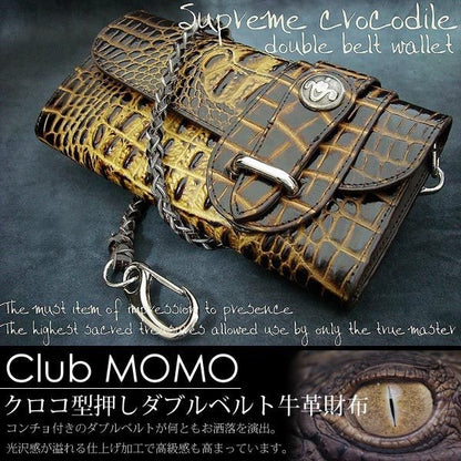 【MOMO】牛革クロコダイル型押しバイカーズウォレットBR■ダブルベルト仕様■　AN-450ブラウン