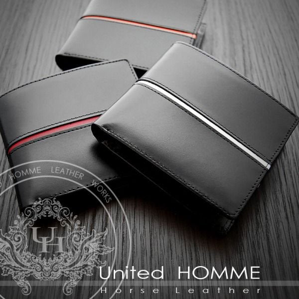 【unitedHOMME】馬革×牛革センターラインデザイン二つ折り財布■レッド×1個