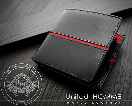 【unitedHOMME】馬革×牛革センターラインデザイン二つ折り財布■レッド×1個