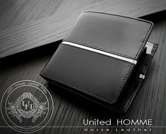 【unitedHOMME】馬革×牛革センターラインデザイン二つ折り財布■ホワイト×1個